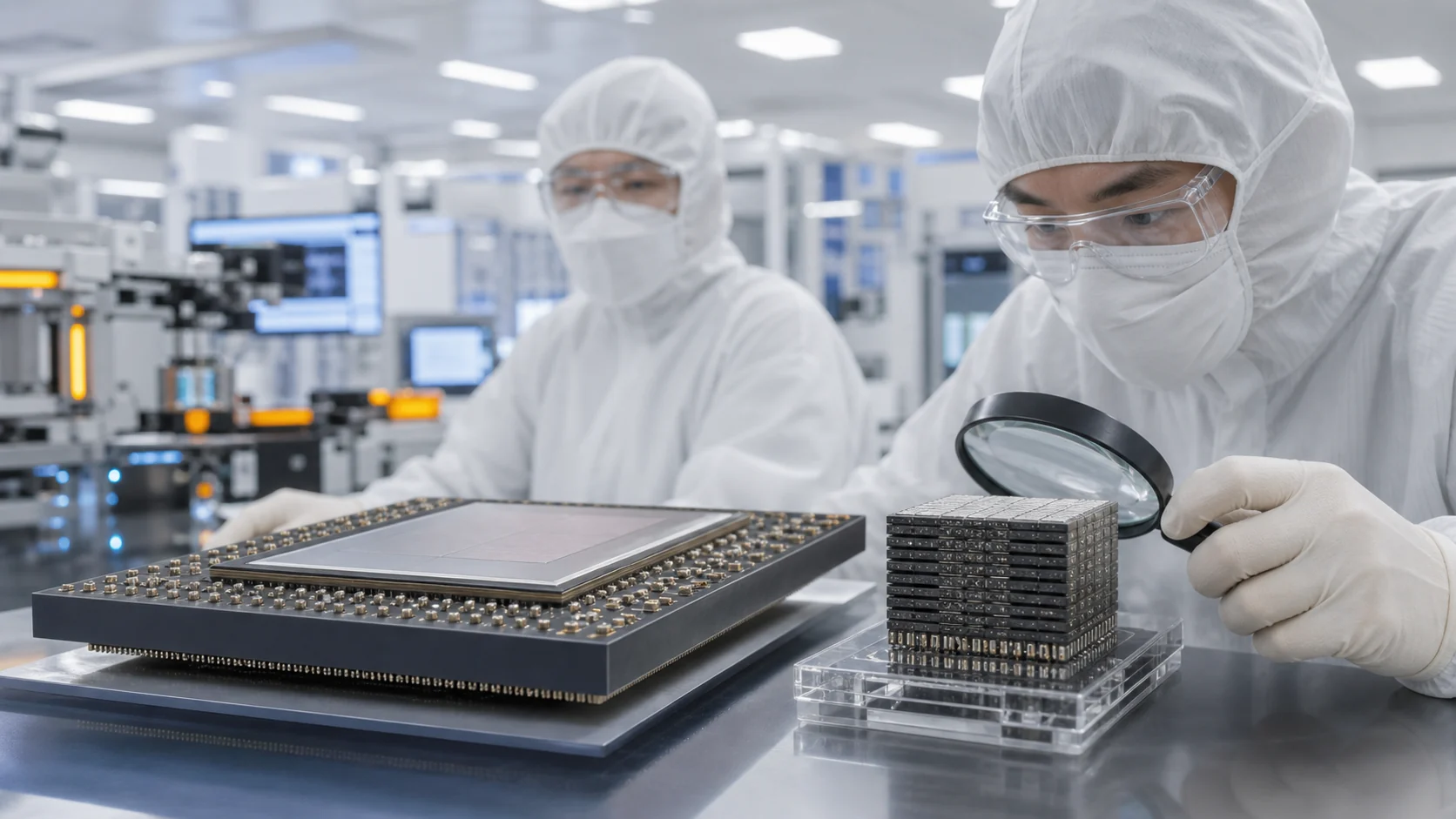 HBM 스택과 AI accelerator 패키지를 엔지니어가 검사하는 고급 반도체 패키징 클린룸. HBM은 가격표보다 실제 적층과 패키징 장면으로 이해해야 한다
