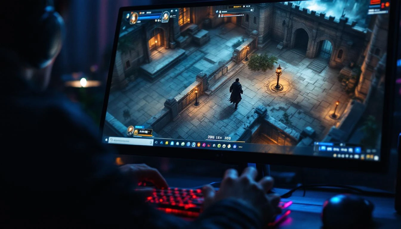 한밤 PC방에서 리니지류 MMORPG를 플레이하는 한국 게이머의 화면 — 28년 지속된 유저 시나리오