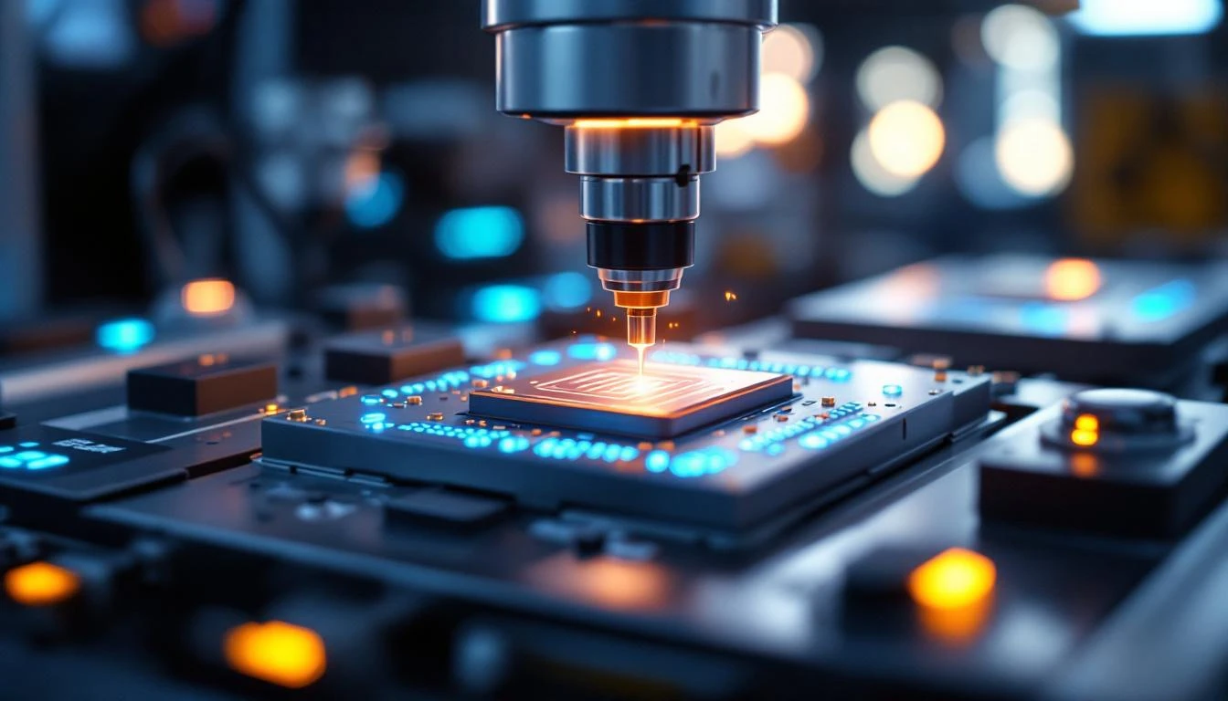 TC 본더 장비 근접 — 세라믹 툴팁이 실리콘 웨이퍼 적층을 열압착하는 순간