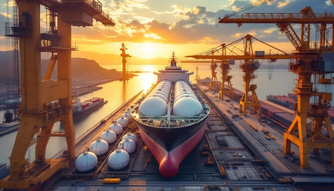 울산 HD현대중공업 조선소 — LNG선 건조 장면. 구형 LNG 저장탱크가 갑판 위에 올라 있다