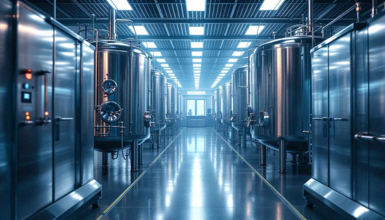 송도 바이오 공장 내부 — 3층 높이 항체 배양기가 늘어선 CMO 생산 현장