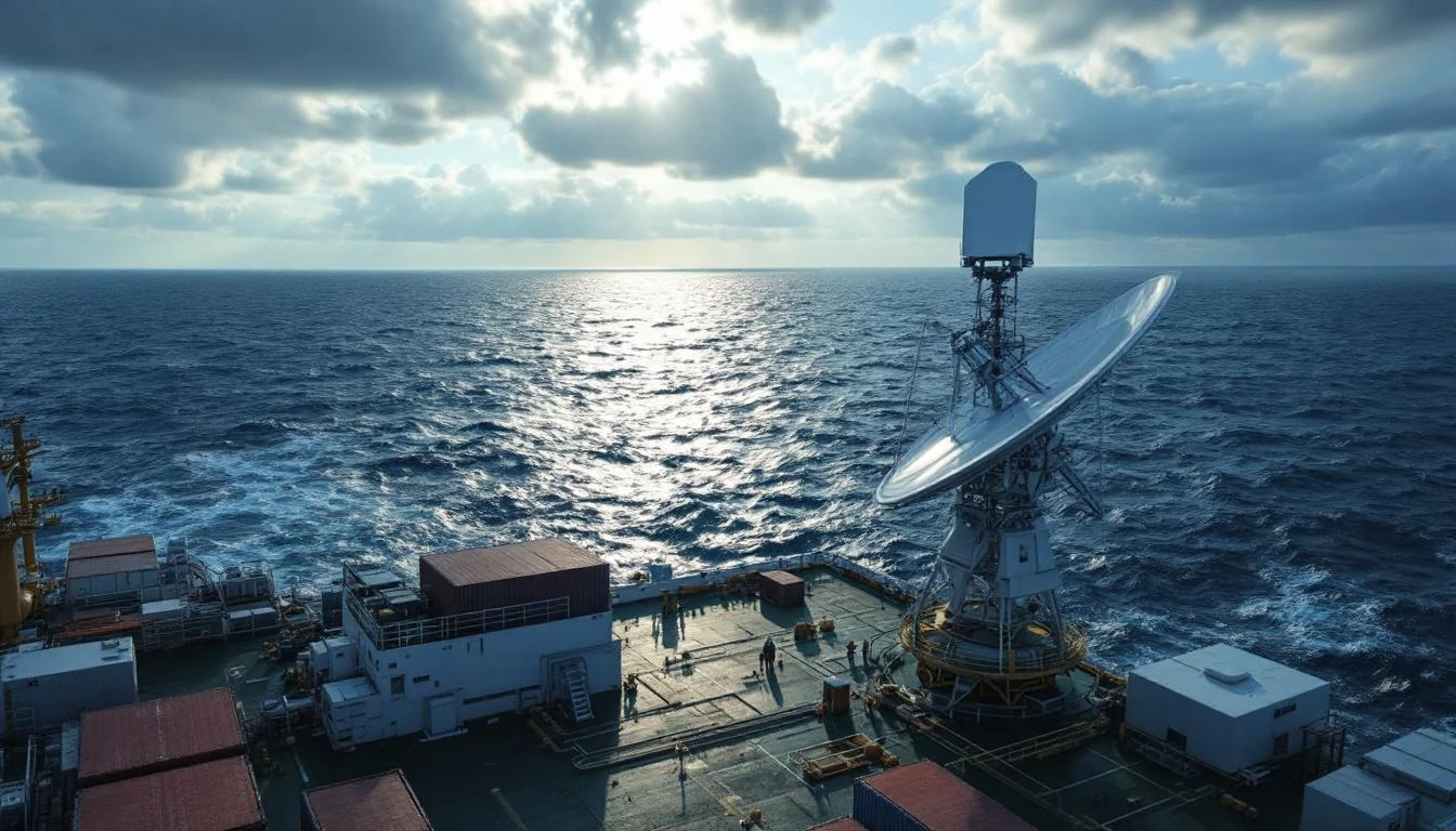 선박 갑판 위의 위성 안테나 — 인텔리안테크가 만드는 제품이다