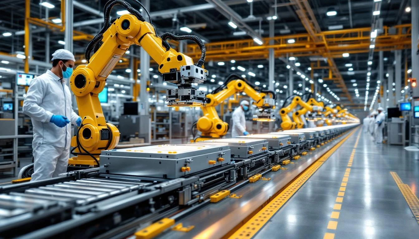 배터리 기가팩토리 조립 라인 — 자동화 로봇 팔이 대형 EV 배터리 모듈을 스테인리스 팩 인클로저에 삽입하는 와이드 샷. 흰 클린룸 복장의 작업자들이 배경에서 모니터를 보고 있다.