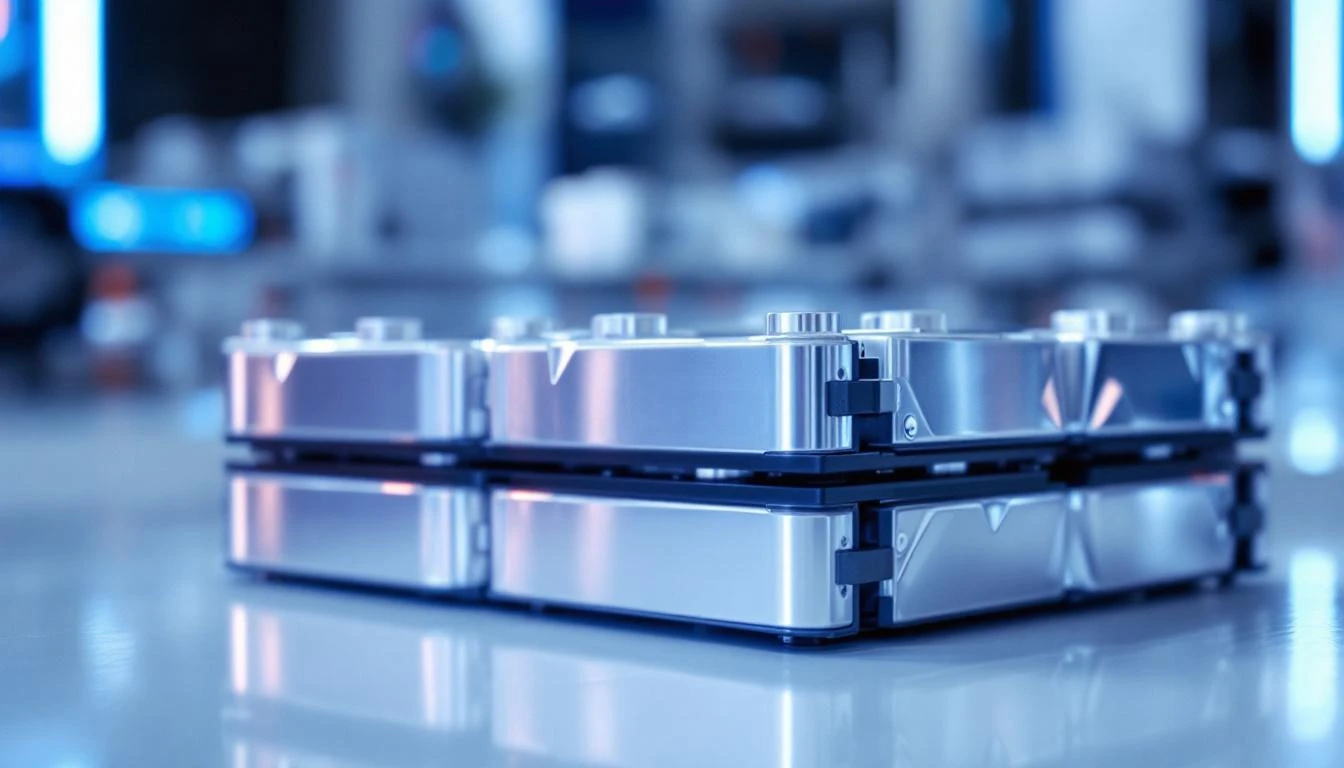 파우치형 리튬이온 배터리 셀 클로즈업 — 은색 알루미늄 케이스의 사각형 셀이 상단 전극 탭과 함께 가지런히 쌓인 모습. 청색 LED 림라이팅이 금속 표면에 반사된다.