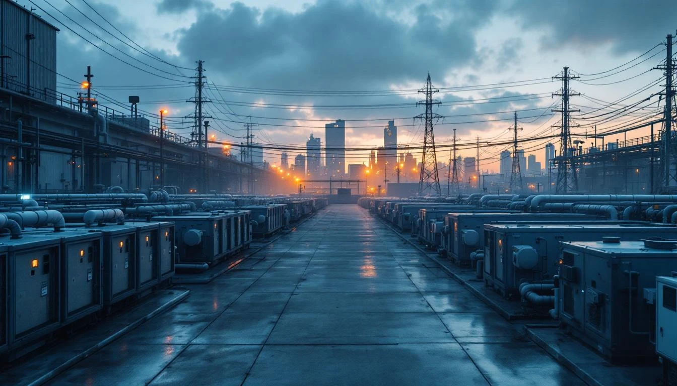 도심 수소연료전지 발전소 — 콘크리트 야드에 늘어선 컨테이너 형태의 대형 연료전지 발전 유닛들. 상부에 냉각 배관과 고압 송전 케이블이 지나고, 원경에는 따뜻한 앰버색 도시 불빛이 안개 속에 퍼져있다.