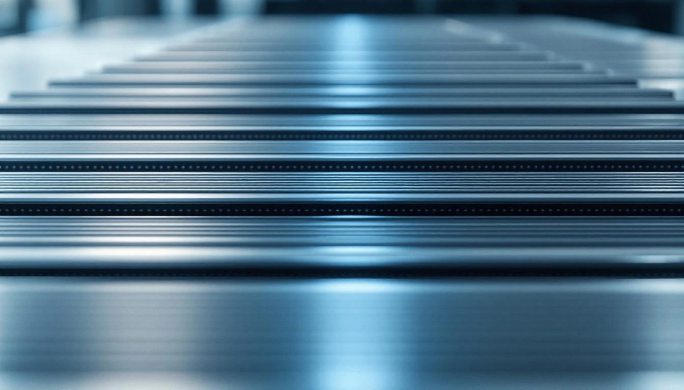 PAFC (Phosphoric Acid Fuel Cell) 스택 모듈 클로즈업 — 수평으로 정밀하게 적층된 얇은 금속 바이폴라 플레이트와 냉각 매니폴드. 산업 회색·스틸블루 톤, 클린룸 환경에서 촬영된 세부 텍스처가 보인다.