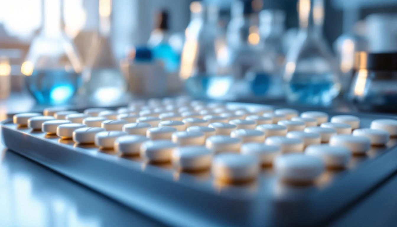 제약 실험실에서 정밀하게 정렬된 흰 타원형 알약 — 금속 디스펜서 트레이 위에 가지런히 놓였고, 배경의 유리 비커와 분석 기기가 소프트 포커스. 따뜻한 실험실 조명에 청색이 살짝 비친다.