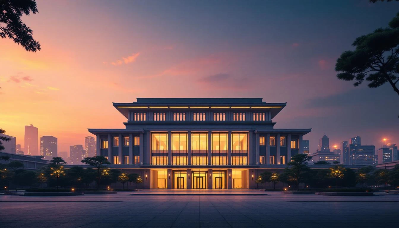 유한양행 본사 건물 황혼녘 — 미드센추리 모던 건축의 한국 기업 본사 와이드 샷. 대형 창문에서 따뜻한 조명이 흘러나오고, 앞 광장을 커다란 나무들이 감싼다. 멀리 도시의 앰버색 불빛이 흐릿한 대기에 퍼져있다.