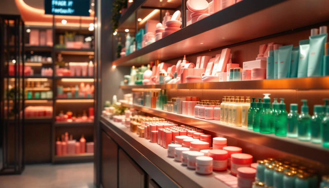 K-뷰티 글로벌 유통 실제 장면 — 현대적 뷰티 스토어 선반에 늘어선 한국 스킨케어 제품들. 핑크 쿠션·세럼·시트마스크·제이드그린 병들이 정렬된 오솔길 같은 디스플레이. 부드러운 따뜻한 부티크 조명에 핑크·골드 포인트.