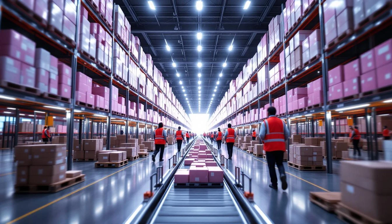 자동화 물류 창고 — 핑크·화이트 화장품 박스로 가득 찬 높은 선반들. 중앙 컨베이어 벨트, 오렌지 조끼 직원들이 카트를 미는 모습. LED 조명에 움직이는 패키지의 약한 모션 블러. K-뷰티 글로벌 유통의 물리적 인프라.