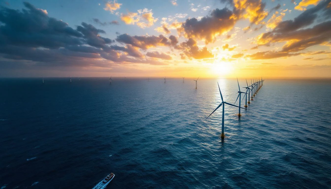 해상풍력 단지 — 황혼의 바다에 솟은 흰 풍력 발전기들. 블레이드 회전체가 따뜻한 노을빛을 받고 있고 멀리 작업선이 베이스에 보인다. 씨에스윈드 타워 40%가 이런 해상풍력 프로젝트로 향한다.