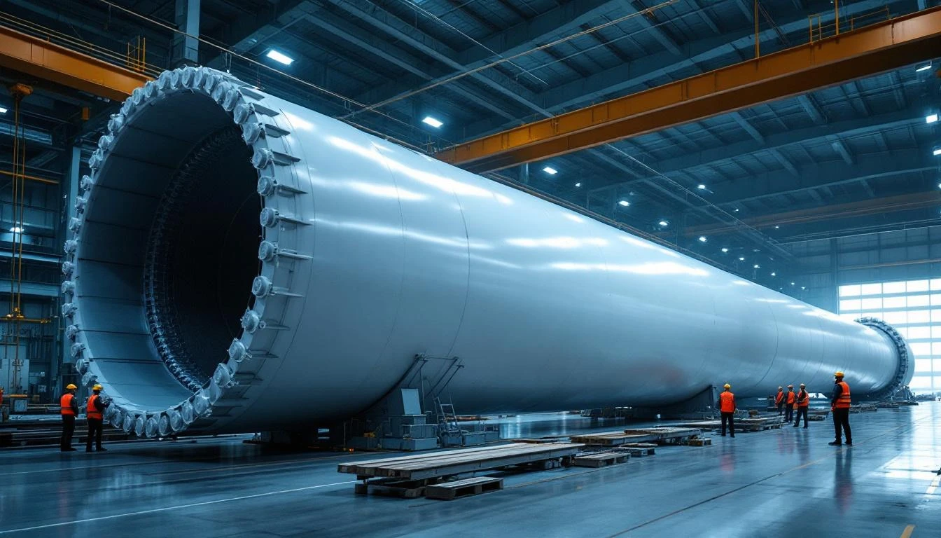 풍력 타워 공장 내부 — 거대한 흰 원통형 풍력 발전기 타워 섹션이 공장 바닥에 수평으로 놓인 와이드 샷. 오렌지 조끼와 헬멧을 쓴 작업자들이 옆에 서 있어 규모 비교 가능. 강철 빔이 노출된 산업 창고에 밝은 LED 조명.