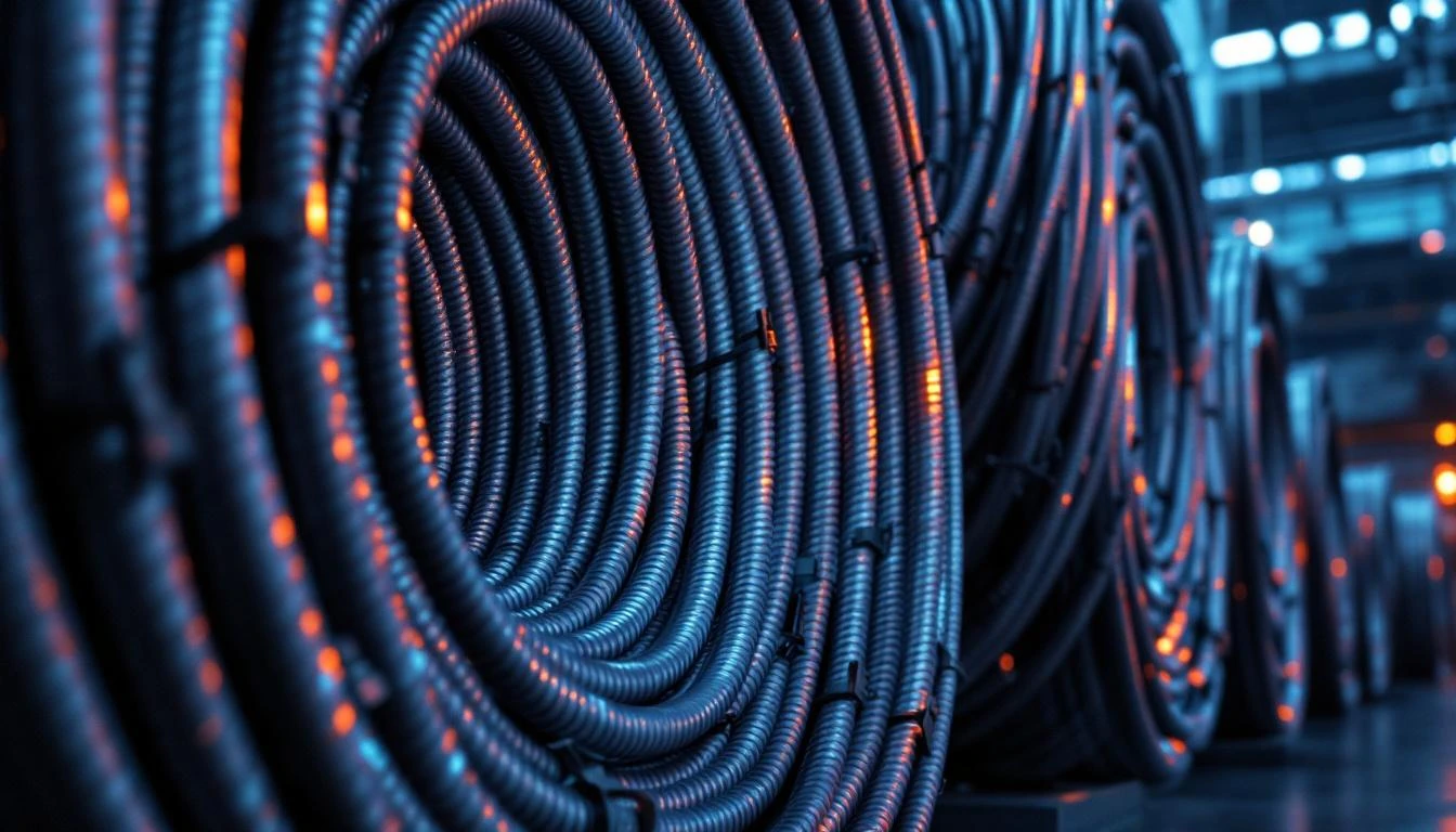 산업용 케이블 스풀 — 두꺼운 고압 전력 케이블이 감긴 거대한 스풀들. 케이블 끝에 반짝이는 구리 도체가 보이고, 다크 우드 스풀 플랫폼이 산업 창고에 쌓여있다.