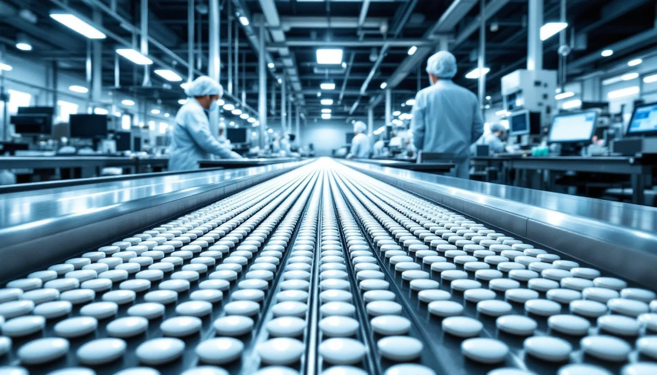 제약 실험실 정밀 타블렛 제조 라인 — 현대 클린룸에서 스테인리스 컨베이어 위로 흰 타원형 알약들이 정렬된 모습. 흰 보호복·헤어넷 착용한 기술자들이 모니터링하는 산업 클린룸.