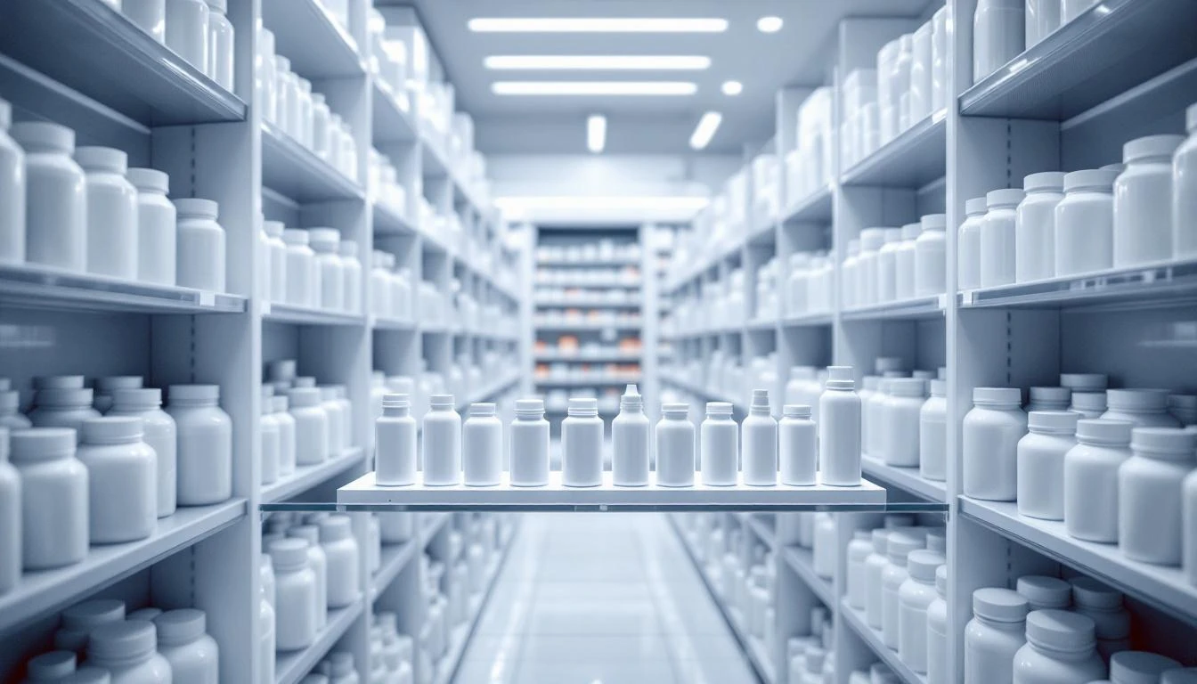 약국 제약 제품 진열 — 질서 있게 정리된 흰색 플라스틱 약병들. 깨끗한 의약품 포장, 현대 약국의 밝은 LED 조명, 미니멀리스트 의료 소매 환경.