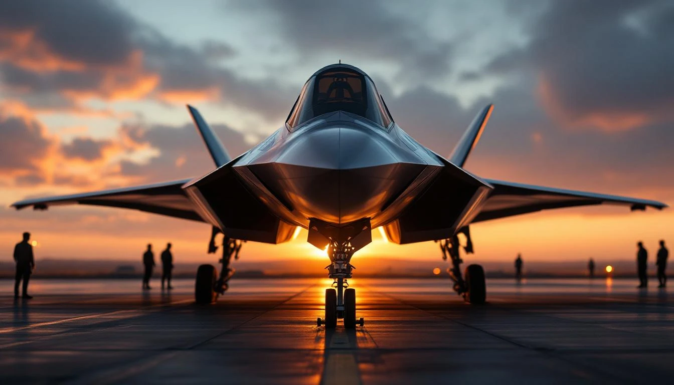 5세대 스텔스 전투기 활주로 클로즈업 — 황혼녘 활주로에 정렬된 각진 동체와 큰 캐노피의 스텔스 전투기. 폴리시드 메탈릭 표면에 따뜻한 노을빛 반사. 지상 승무원이 배경에 보인다.