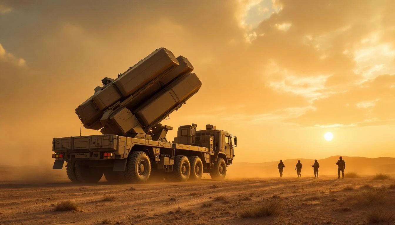 모바일 미사일 방어 발사 차량 — 사막 풍경에서 황금시간대 촬영. 거대한 직사각형 발사 튜브를 탑재한 중형 군용 트럭, 전술 장비 착용 군인 배경. 따뜻한 앰버 노을과 모래 안개.