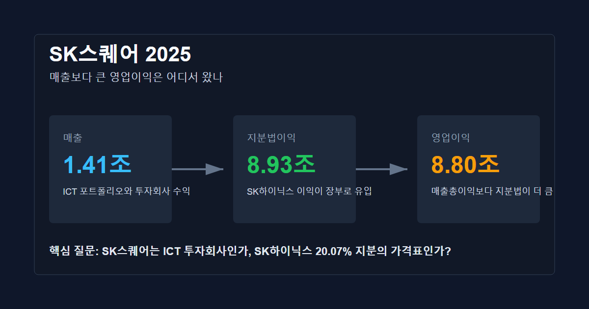 SK스퀘어 2025 관통선 — 매출 1.41조, 지분법이익 8.93조, 영업이익 8.80조. 매출보다 큰 이익은 SK하이닉스에서 왔다.